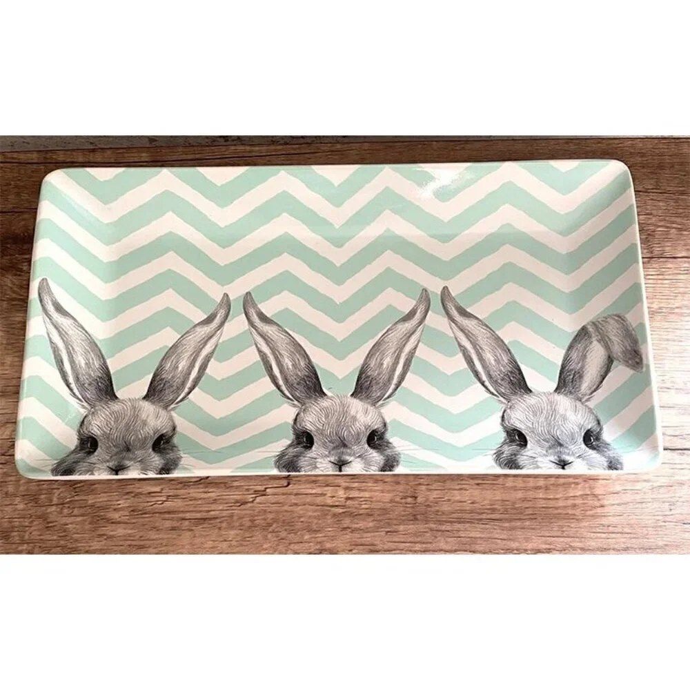 Pier 1 Easter Bunny Ears Chevron Stripe Porcelain Rectangle Platter 14.5